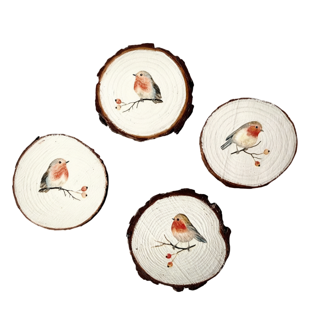 Négy darab kézműves színes vörösbegy mintás fa rusztikus poháralátét, egymás mellett fektetve, egyedi asztali dekorációként.