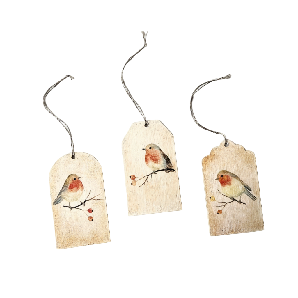 Három kézműves fa ajándékkísérő három különböző színes vörösbegy mintával, szalvéta technikával díszítve, selyem zsinór akasztóval, egymás mellett fektetve.